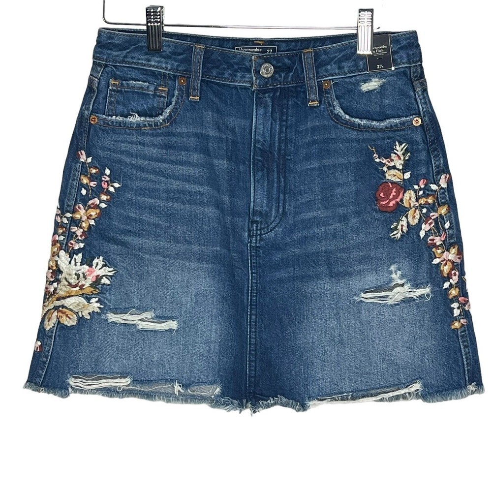 Abercrombie AF Jean Denim Mini Skirt Floral Boho Embroidered Size 27 NEW
